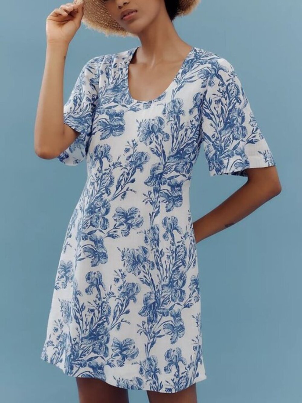 Anthropologie White Mini Dress with Blue Botanical Print